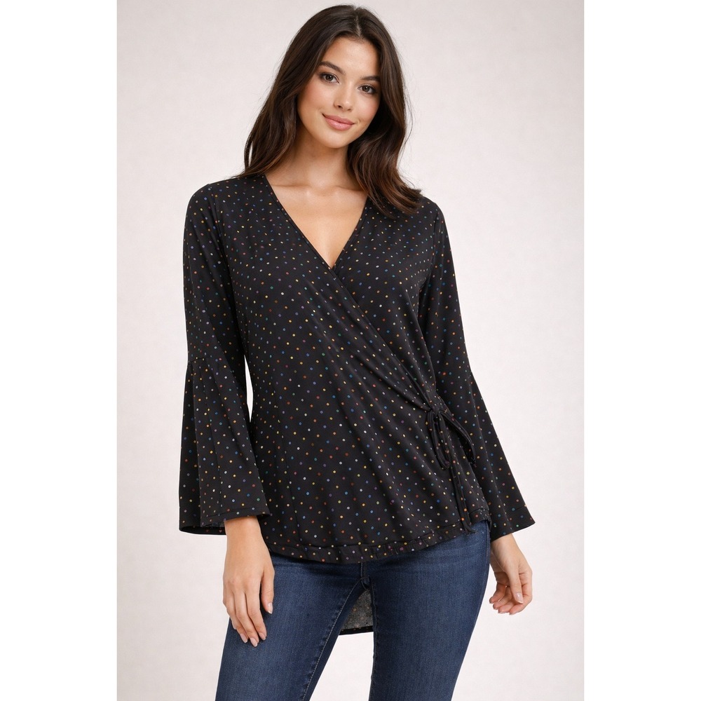 Andree Blouse Women Small Black Polka Dot V Neck Surplice Long‎ Sleeve 571P
